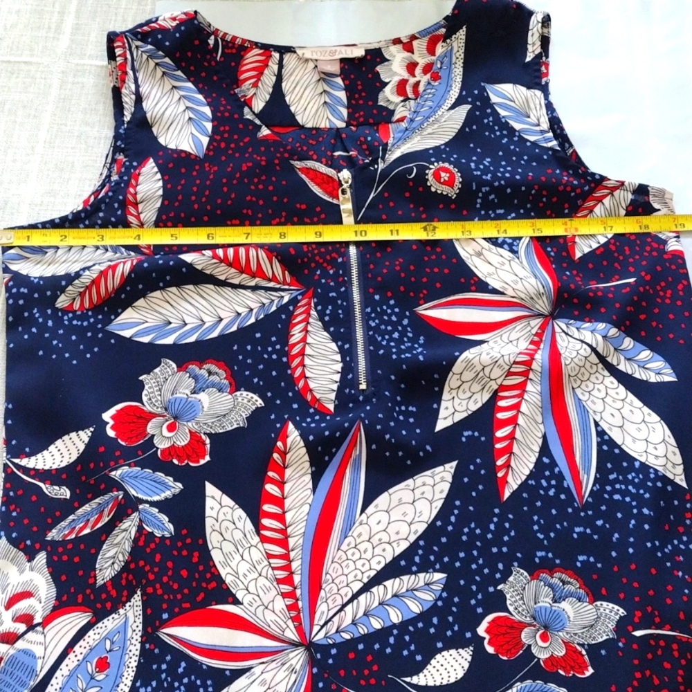 Roz Ali Floral Tank Top Zip V Neck Sleeveless Blouse Red White Blue Medium - Picture 3 of 9